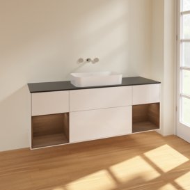 Тумба під раковину Villeroy & Boch Finion 160х50,1 см з підсвічуванням МДФ білий глянцевий лак/скло чорне матове F742GNGF