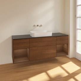 Тумба під раковину Villeroy & Boch Finion 160х50,1 см із підсвічуванням МДФ шпон волоського горіха/скло чорне матове F742GNGN