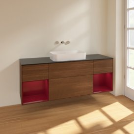 Тумба под раковину Villeroy & Boch Finion 160х50,1 см с подсветкой МДФ шпон грецкого ореха/стекло черное матовое F742HBGN