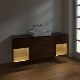 Тумба под раковину Villeroy & Boch Finion 160х50,1 см с подсветкой МДФ шпон грецкого ореха/стекло черное матовое F742HFGN