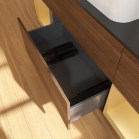 Тумба под раковину Villeroy & Boch Finion 160х50,1 см с подсветкой МДФ шпон грецкого ореха/стекло черное матовое F742HFGN