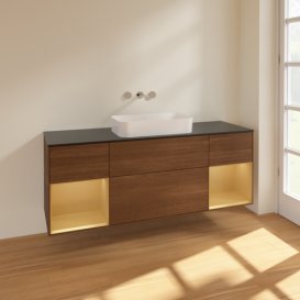 Тумба под раковину Villeroy & Boch Finion 160х50,1 см с подсветкой МДФ шпон грецкого ореха/стекло черное матовое F742HFGN