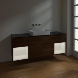 Тумба под раковину Villeroy & Boch Finion 160х50,1 см с подсветкой МДФ шпон грецкого ореха/стекло черное матовое F742MTGN