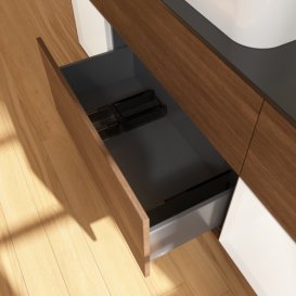 Тумба под раковину Villeroy & Boch Finion 160х50,1 см с подсветкой МДФ шпон грецкого ореха/стекло черное матовое F742MTGN