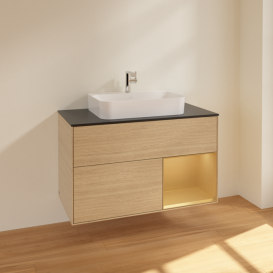 Тумба під раковину Villeroy & Boch Finion 100х50,1 см із підсвічуванням МДФ шпон дуба/скло чорне матове F372HFPC