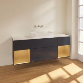 Тумба под раковину Villeroy & Boch Finion 160х50,1 см с подсветкой МДФ темно-синий матовый лак/стекло белое матовое F741HFHG