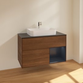 Тумба под раковину Villeroy & Boch Finion 100х50,1 см с подсветкой МДФ шпон грецкого ореха/стекло черное матовое F372HGGN