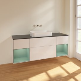 Тумба под раковину Villeroy & Boch Finion 160х50,1 см с подсветкой МДФ глянцевый белый лак/стекло черное матовое F742GMGF