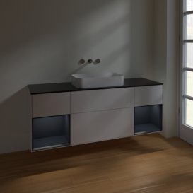 Тумба под раковину Villeroy & Boch Finion 160х50,1 см с подсветкой МДФ глянцевый белый лак/стекло черное матовое F742HGGF