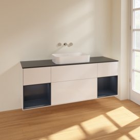 Тумба под раковину Villeroy & Boch Finion 160х50,1 см с подсветкой МДФ глянцевый белый лак/стекло черное матовое F742HGGF