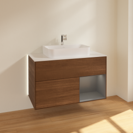 Тумба під раковину Villeroy & Boch Finion 100х50,1 см із підсвічуванням МДФ шпон волоського горіха/скло біле матове G371GKGN