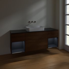 Тумба под раковину Villeroy & Boch Finion 160х50,1 см с подсветкой МДФ шпон грецкого ореха/стекло черное матовое F742HGGN