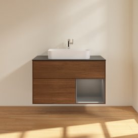 Тумба під раковину Villeroy & Boch Finion 100х50,1 см із підсвічуванням МДФ шпон волоського горіха/скло чорне матове G372GKGN