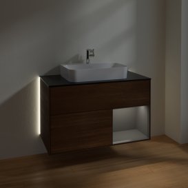 Тумба під раковину Villeroy & Boch Finion 100х50,1 см із підсвічуванням МДФ шпон волоського горіха/скло чорне матове G372GKGN