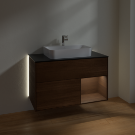 Тумба під раковину Villeroy & Boch Finion 100х50,1 см із підсвічуванням МДФ шпон волоського горіха/скло чорне матове G372GNGN