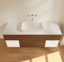 Тумба под раковину Villeroy & Boch Finion 160х50,1 см с подсветкой МДФ шпон грецкого ореха/стекло белое матовое G741MTGN