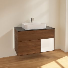 Тумба під раковину Villeroy & Boch Finion 100х50,1 см із підсвічуванням МДФ шпон волоського горіха/скло чорне матове G372MTGN