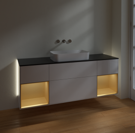 Тумба під раковину Villeroy & Boch Finion 160х50,1 см з підсвічуванням МДФ білий глянцевий лак/скло чорне матове G742HFGF