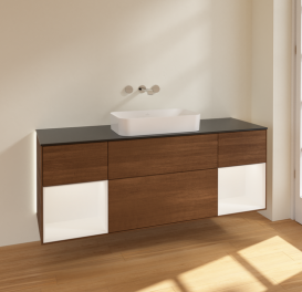 Тумба під раковину Villeroy & Boch Finion 160х50,1 см із підсвічуванням МДФ шпон волоського горіха/скло чорне матове G742MTGN