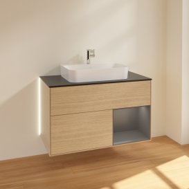 Тумба під раковину Villeroy & Boch Finion 100х50,1 см із підсвічуванням МДФ шпон дуба/скло чорне матове G372GKPC