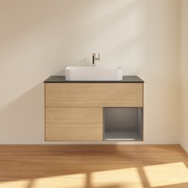 Тумба під раковину Villeroy & Boch Finion 100х50,1 см із підсвічуванням МДФ шпон дуба/скло чорне матове G372GKPC