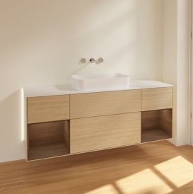 Тумба под раковину Villeroy & Boch Finion 160х50,1 см с подсветкой МДФ шпон дуба/стекло белое матовое G741GNPC