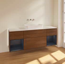 Тумба под раковину Villeroy & Boch Finion 160х50,1 см с подсветкой МДФ шпон грецкого ореха/стекло белое матовое G741HGGN