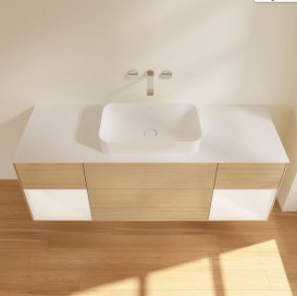 Тумба под раковину Villeroy & Boch Finion 160х50,1 см с подсветкой МДФ шпон дуба/стекло белое матовое G741MTPC