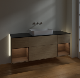 Тумба под раковину Villeroy & Boch Finion 160х50,1 см с подсветкой МДФ шпон дуба/стекло черное матовое G742GNPC