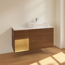 Тумба под раковину Villeroy & Boch Finion 120х50,1 см с подсветкой МДФ шпон грецкого ореха/стекло белое матовое F391HFGN