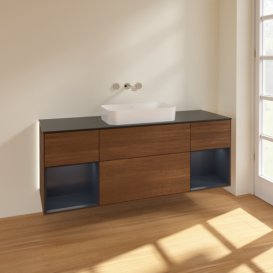 Тумба под раковину Villeroy & Boch Finion 160х50,1 см с подсветкой МДФ шпон грецкого ореха/стекло черное матовое G742HGGN