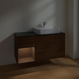 Тумба під раковину Villeroy & Boch Finion 120х50,1 см із підсвічуванням МДФ шпон волоського горіха/скло чорне матове F392GNGN