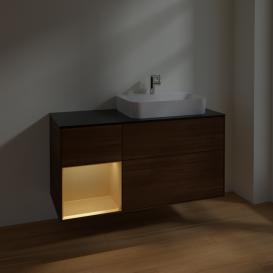 Тумба під раковину Villeroy & Boch Finion 120х50,1 см із підсвічуванням МДФ шпон волоського горіха/скло чорне матове F392HFGN