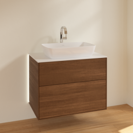 Тумба під раковину Villeroy & Boch Finion 80х50,1 см із підсвічуванням МДФ шпон волоського горіха/скло біле матове G75100GN