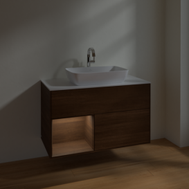 Тумба под раковину Villeroy & Boch Finion 100х50,1 см с подсветкой МДФ шпон грецкого ореха/стекло белое матовое F771GNGN