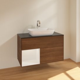 Тумба під раковину Villeroy & Boch Finion 100х50,1 см із підсвічуванням МДФ шпон волоського горіха/скло чорне матове F772GFGN