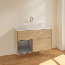 Тумба під раковину Villeroy & Boch Finion 100х50,1 см із підсвічуванням МДФ шпон дуба/скло біле матове F771GKPC