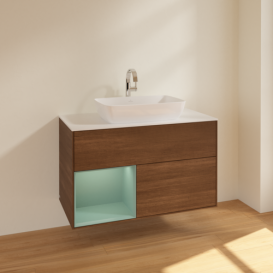 Тумба под раковину Villeroy & Boch Finion 100х50,1 см с подсветкой МДФ шпон грецкого ореха/стекло белое матовое F771GMGN