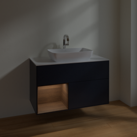 Тумба под раковину Villeroy & Boch Finion 100х50,1 см с подсветкой МДФ темно-синий матовый лак/стекло белое матовое F771GNHG
