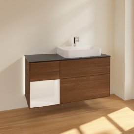 Тумба під раковину Villeroy & Boch Finion 120х50,1 см із підсвічуванням МДФ шпон волоського горіха/скло чорне матове G392GFGN