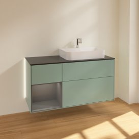 Тумба під раковину Villeroy & Boch Finion 120х50,1 см із підсвічуванням МДФ оливковий матовий лак/скло чорне матове G392GKGM