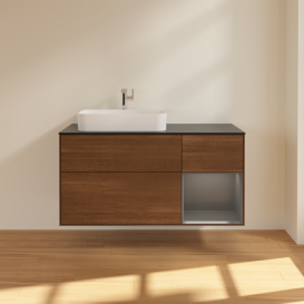 Тумба під раковину Villeroy & Boch Finion 120х50,1 см із підсвічуванням МДФ шпон волоського горіха/скло чорне матове F402GKGN