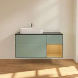 Тумба під раковину Villeroy & Boch Finion 120х50,1 см із підсвічуванням МДФ оливковий матовий лак/скло чорне матове F402HFGM