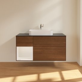 Тумба під раковину Villeroy & Boch Finion 120х50,1 см із підсвічуванням МДФ шпон волоського горіха/скло чорне матове F412GFGN