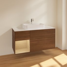 Тумба под раковину Villeroy & Boch Finion 120х50,1 см с подсветкой МДФ шпон грецкого ореха/стекло белое матовое F411PCGN