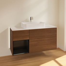 Тумба под раковину Villeroy & Boch Finion 120х50,1 см с подсветкой МДФ шпон грецкого ореха/стекло белое матовое G411PDGN