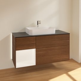 Тумба під раковину Villeroy & Boch Finion 120х50,1 см із підсвічуванням МДФ шпон волоського горіха/скло чорне матове G412MTGN