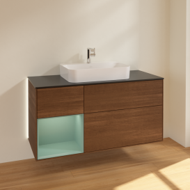 Тумба під раковину Villeroy & Boch Finion 120х50,1 см із підсвічуванням МДФ шпон волоського горіха/скло чорне матове G412GMGN