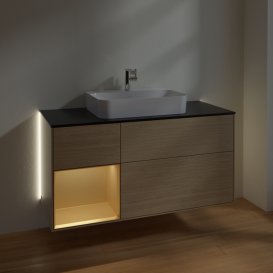 Тумба під раковину Villeroy & Boch Finion 120х50,1 см із підсвічуванням МДФ шпон дуба/скло чорне матове G412HFPC