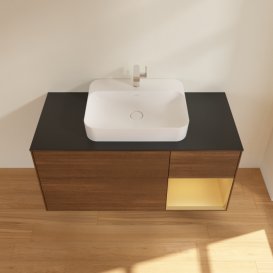 Тумба під раковину Villeroy & Boch Finion 120х50,1 см із підсвічуванням МДФ шпон волоського горіха/скло чорне матове F422HFGN